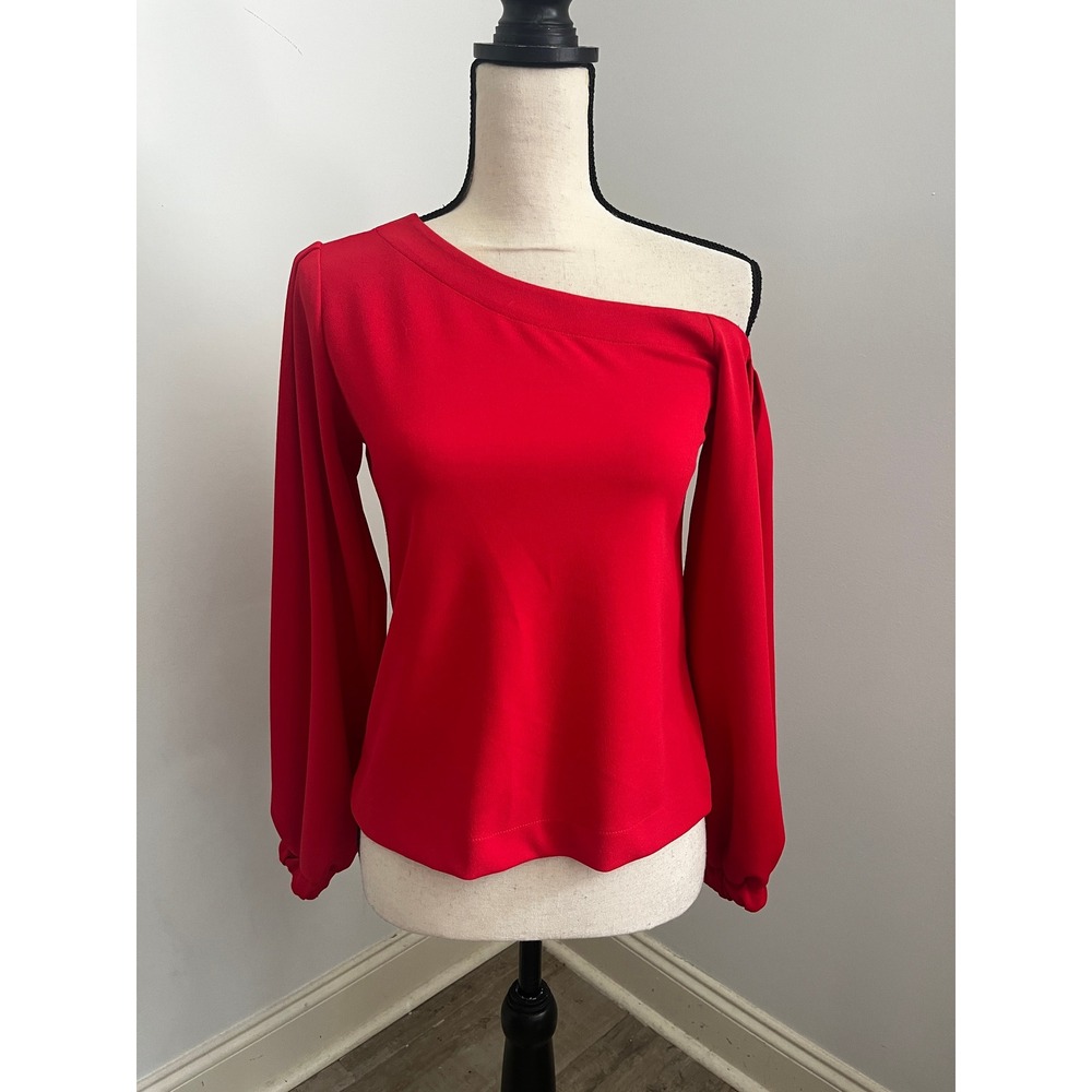 Banana Republic Red One Shoulder Blouse XS Long Sleeve Romantic Minimalist Chic